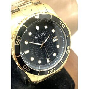 Bulova Men's Watch 98B375 Quartz Black Dial Date Gold Stainless Steel 43…